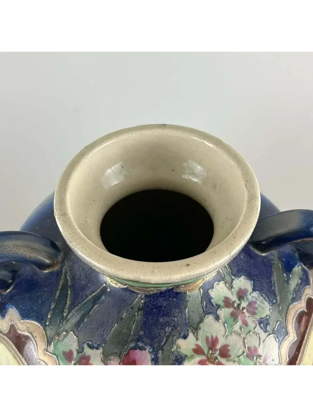 Japanese Early 1900s Art Pottery Cobalt Blue Moriage Scenic Panel Floor Vase